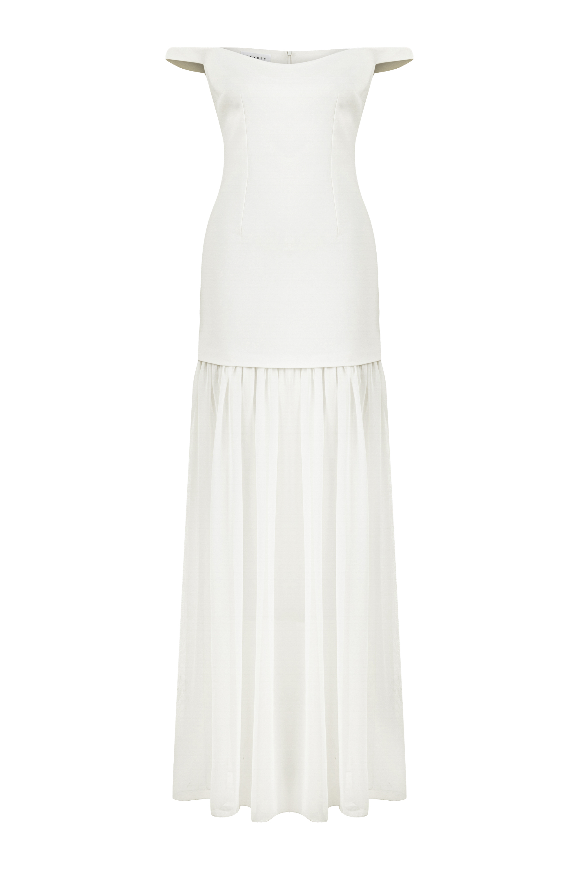 DÜŞÜK OMUZ BÜZGÜLÜ ŞİFON ELBİSE