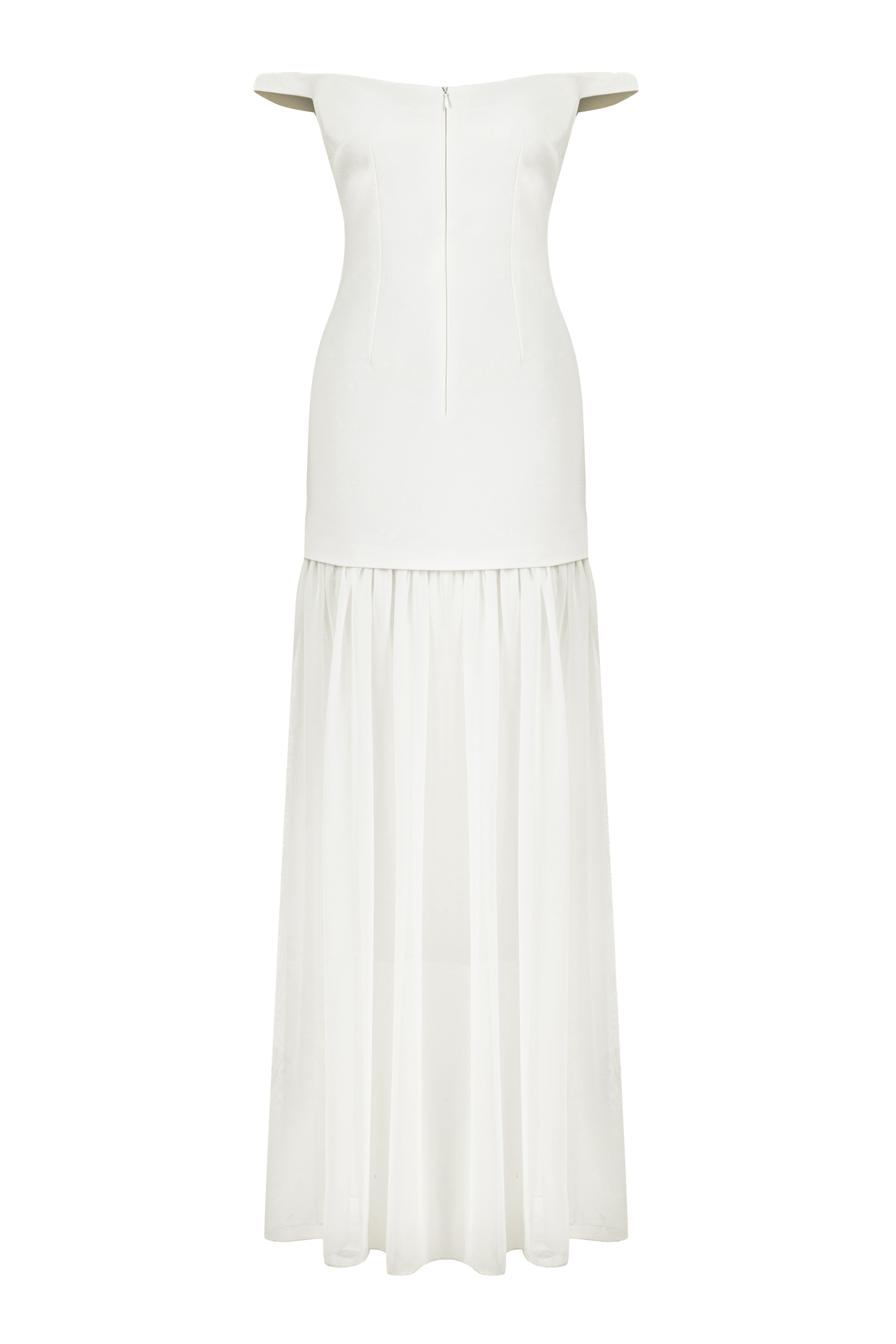 DÜŞÜK OMUZ BÜZGÜLÜ ŞİFON ELBİSE